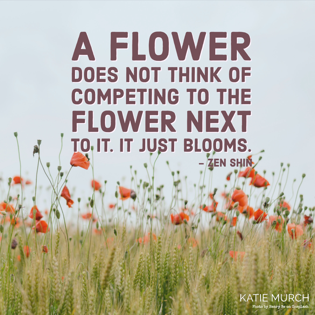 Quote is in front of a landscape view of tall grass, orange poppies, and a blue sky. Katie Murch and photo credit is on the bottom right of the image.
