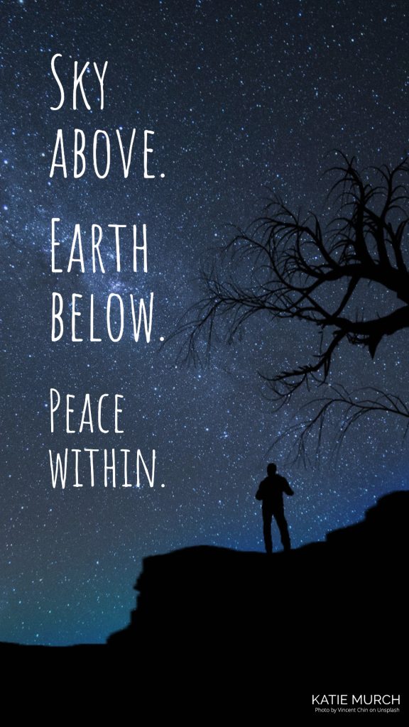 Quote is in front of a star filled night sky. A silhouette of a cliff, person, and parts of an empty tree can be seen on the bottom. Katie Murch and photo credit is on the bottom right of the image.