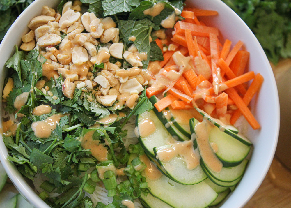A white bowl holding white noodles is topped with sliced cucumber, julienned carrots, crushed peanuts, chopped cilantro, mint, scallions, and drizzles of brown sauce.